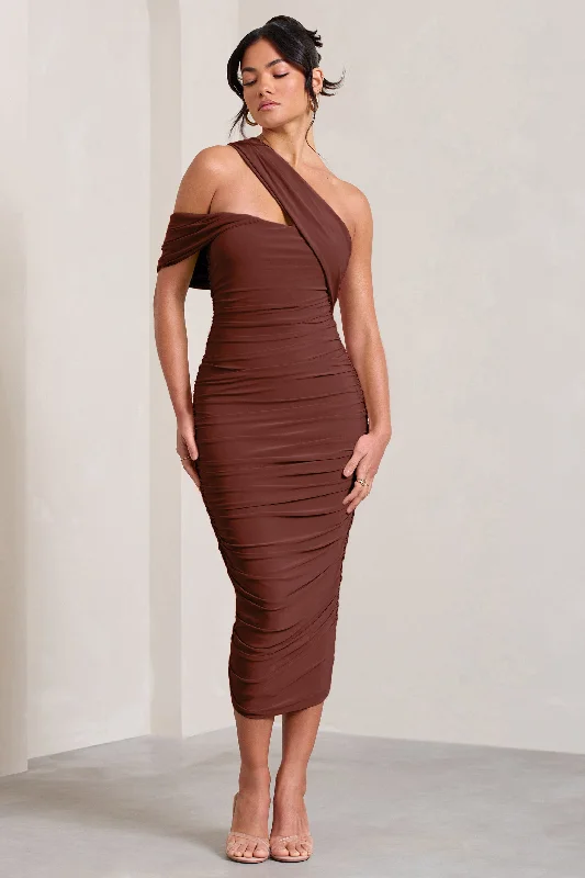 Casual Chic Cici | Brown Asymmetric One Shoulder Ruched Midi Dress Flash Sale