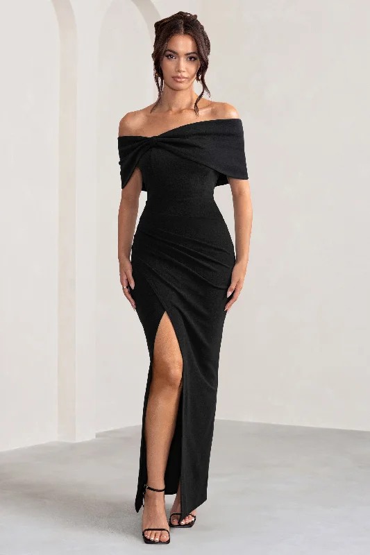 Top Brand Discounts Eva | Black Bardot Bow Detail Maxi Dress With Thigh Split Statement Piece