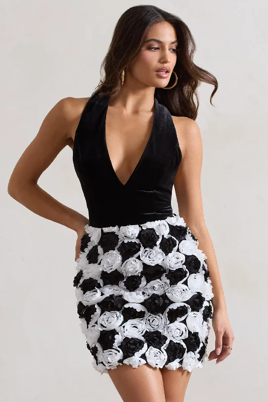 Final Sale Serenade | Black & White Plunge Halter-Neck Mini Dress With Flowers Parisian Effortless Chic Style