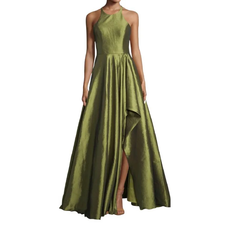 Evening Elegance Halter Neck Shimmer High Low Gown In Olive Green Casual Weekend Relaxed Style