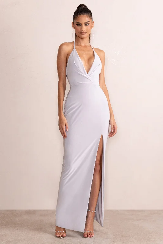 Unleash Your Style Amira | Silver Plunge Neck Cowl Back Maxi Dress With Diamante Trim Fashion-Forward Style