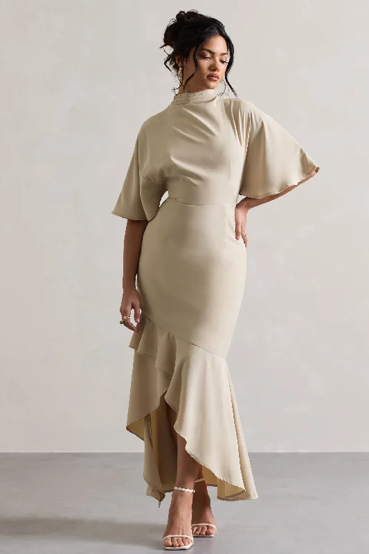 You'Ll Love Us Because Lavinia | Champagne High-Neck Flutter-Sleeve Asymmetric Maxi Dress Hollywood Glam Award - Show Style