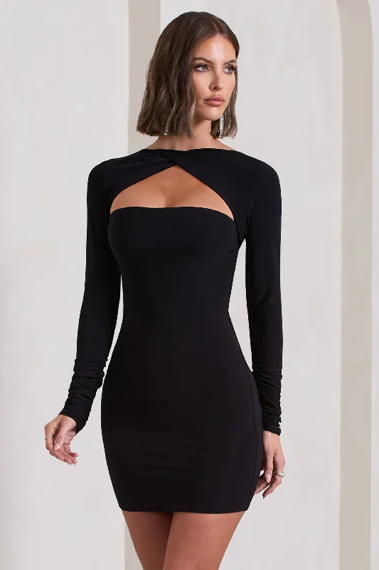 Limited Time Flash Sale Charmer | Black Twist-Neck Cut-Out Mini Dress Feminine Flow