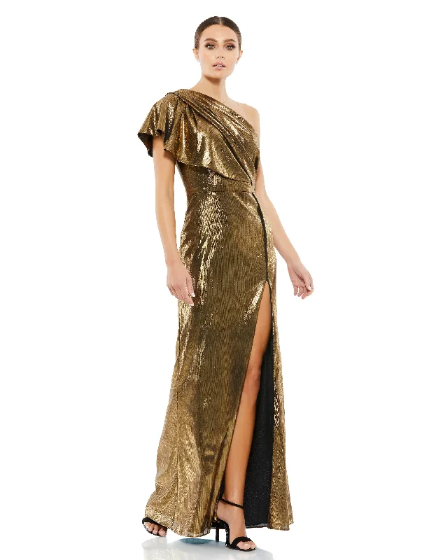 Exclusive Designer Style Deals Ruffled One Shoulder Metallic Evening Gown Feminine Soft - Hued Look