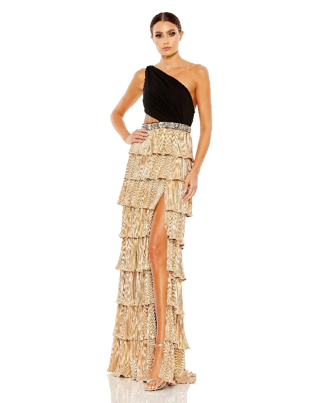 Sophisticated Street Style Offers Metallic One Shoulder Ruffle Tiered Gown Art Deco Geometric Pattern Look