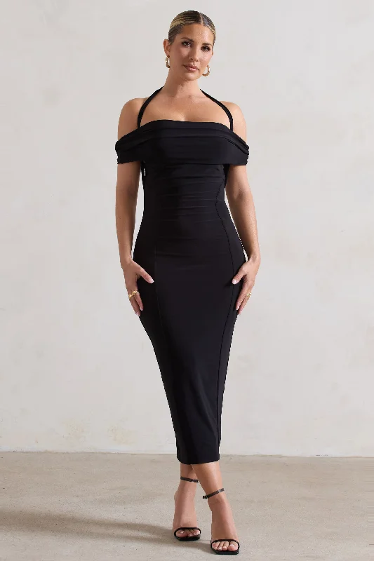 Day-To-Night Styles Gwen | Black Bardot Halter-Neck Midi Dress Hollywood Glam Award - Show Style