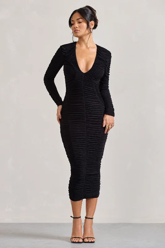 Smart Casual Deals Elisabeth | Black V-Neck Long-Sleeved Midi Dress Dreamy Aesthetic