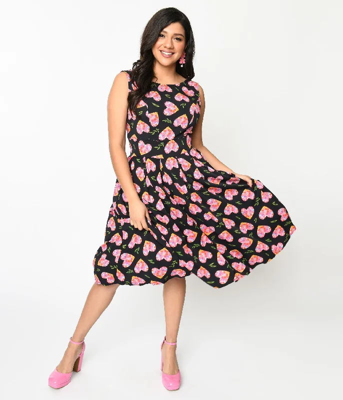 Seasonal Picks Black & Multicolor Floral Hearts Swing Dress Vibrant Prints