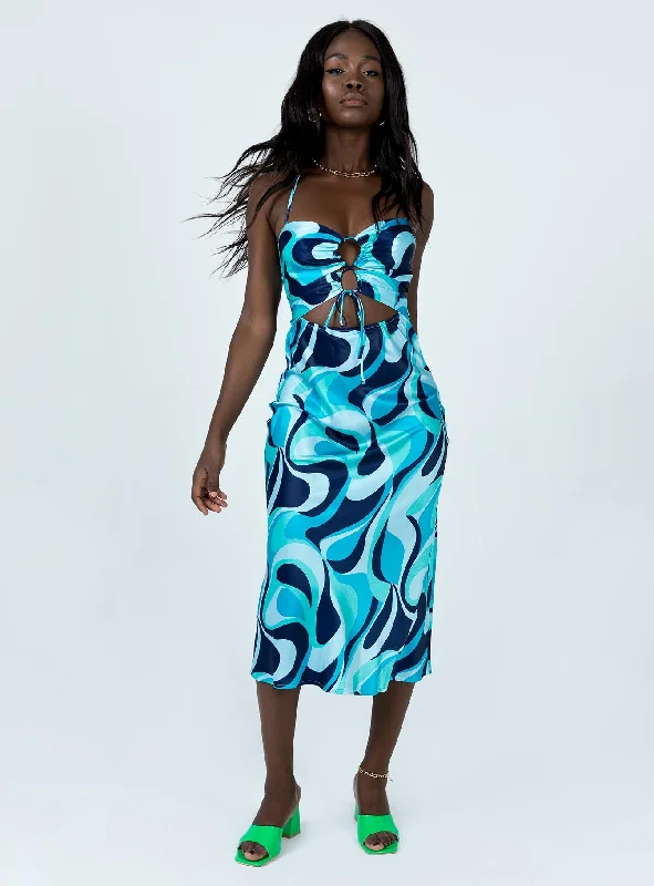 Trendy Street Style Mayia Midi Dress Blue Multi Bold Patterns