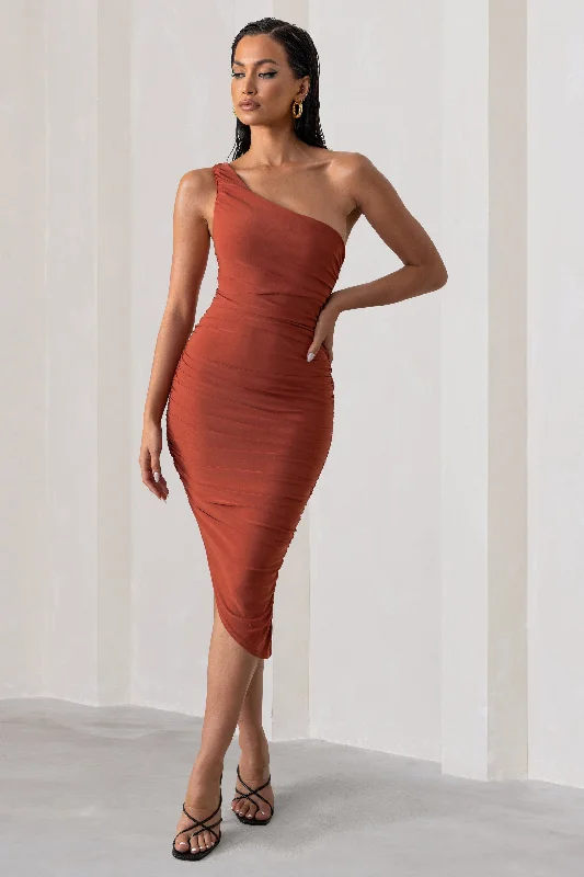 Trend Leading Collection Late Night | Rust Asymmetric One Shoulder Ruched Midi Dress Graceful Drape