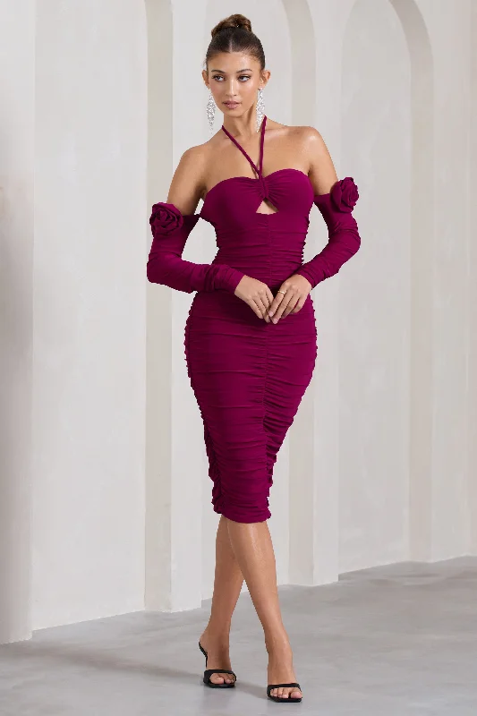 Retro Style Promotions Extra Special | Dark Cherry Ruched Halter-Neck Midi Dress With Flowers Soft Textures