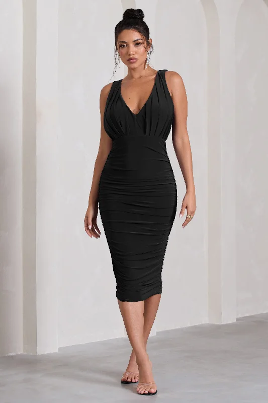 Best-Sellers Marlowe | Black Ruched Plunge Sleeveless Midi Dress Contemporary Elegance