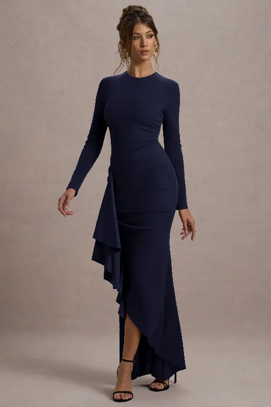 Season Offer Alayna | Navy Long-Sleeve Maxi Dress With Ruffled Split Sleek Design