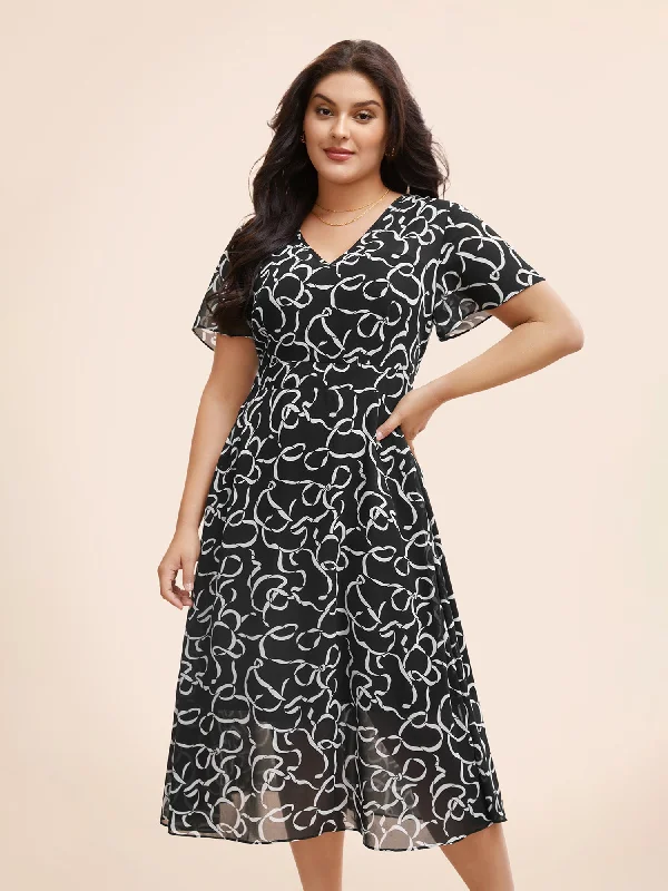 Budget Friendly Chiffon Bowknot Print Ruffle Sleeve Midi Dress Effortless Sophistication