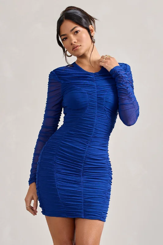 Step Ahead, Lead The Trend Euphoria | Cobalt Blue Ruched Long Sleeve Mini Dress Feminine Flow