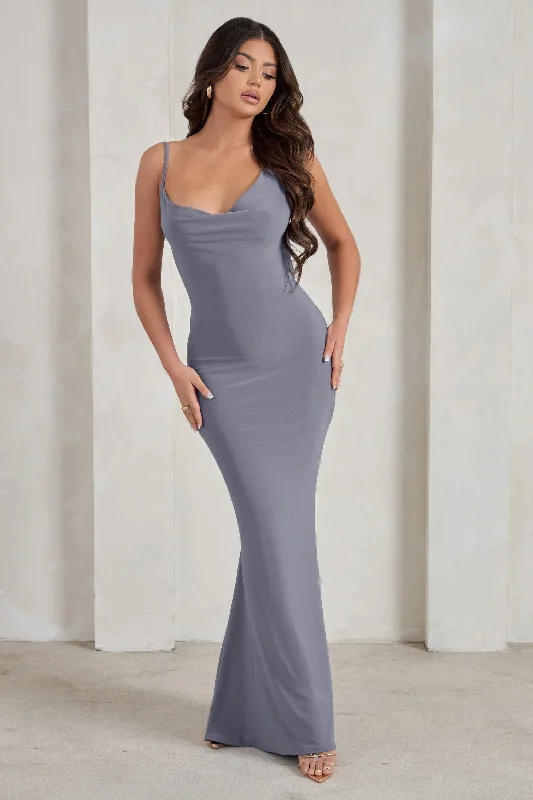 Mega Sales Corinne | Grey Asymmetric Cowl Neck Backless Maxi Dress Y2K Nostalgic Fashion Look