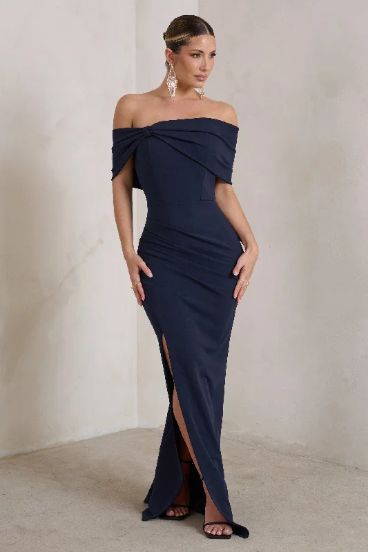 Discount Extravaganza Eva | Navy Bardot Bow Detail Maxi Dress With Thigh Split Vibrant Prints