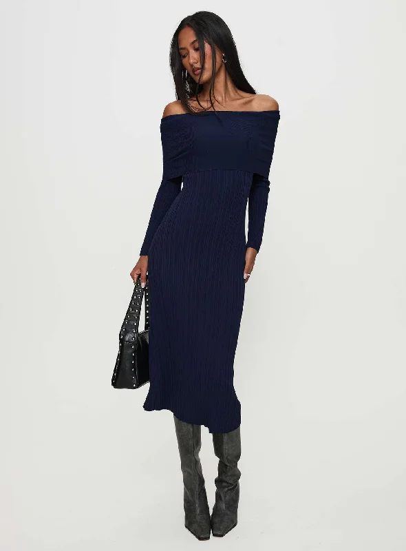 Chic Trends Unveiled Flisse Long Sleeve Rib Maxi Dress Navy Dreamy Draping