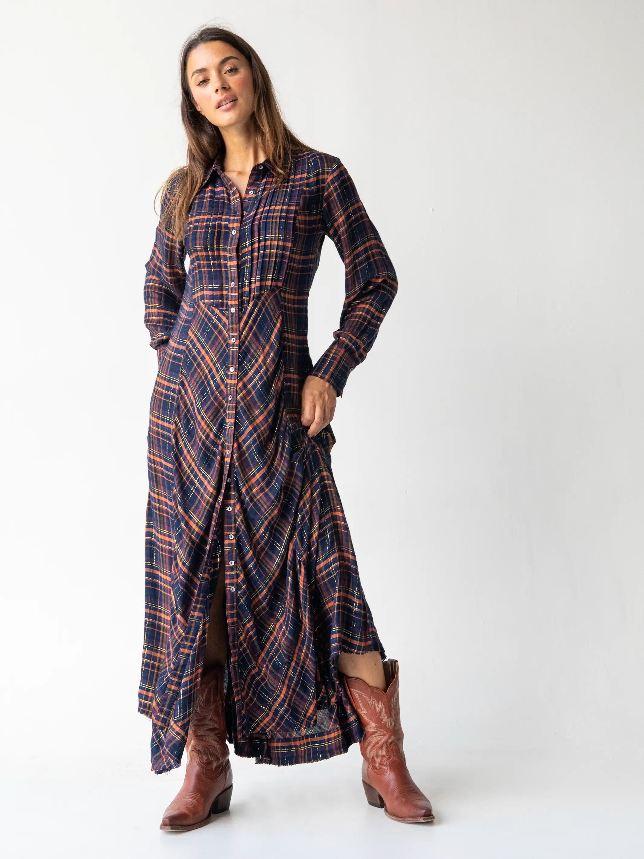 Limited Stock Hailee Maxi Dress - Navy Orange Plaid Subtle Sophistication