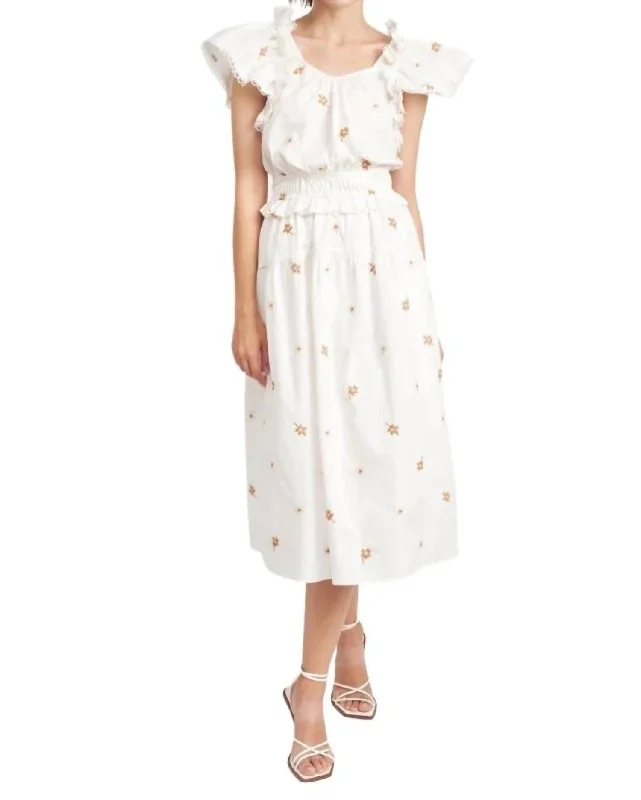 Ride The Style Wave Wayback Floral Cross Stitch Midi Dress In White Statement Piece