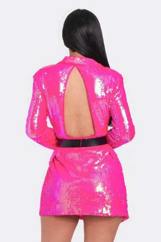 Limited Styles Hot Girl Pearl Belted Sequin Blazer Hot Pink Mini Dress Casual Elegance