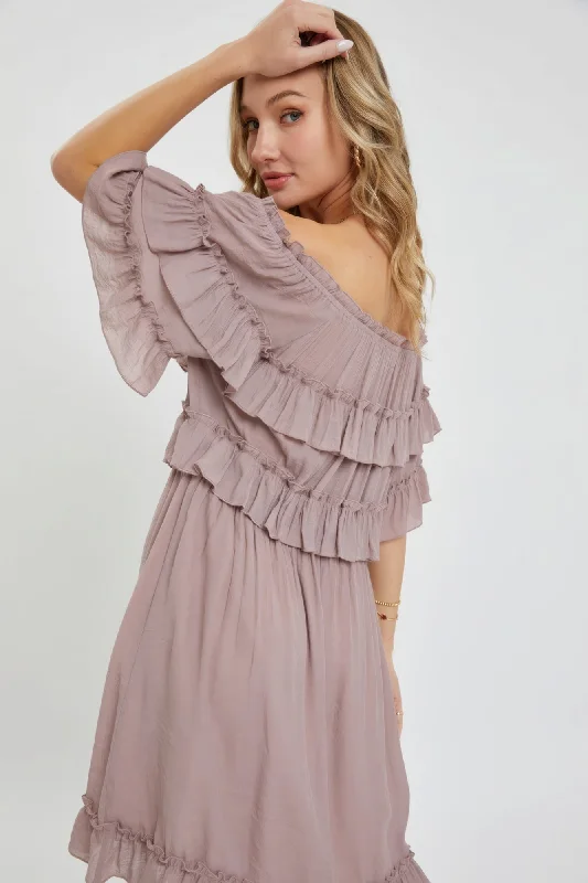 Style Revolution Hot Girl Off Shoulder Boho Ruffle Mini Dress In Mystic Mauve Summer Fashion