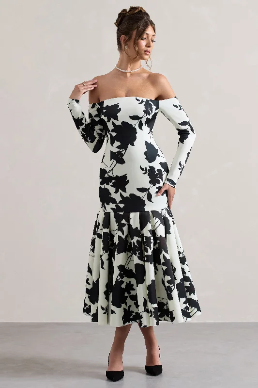 Elevated Casual Discounts Elite | Cream Floral Print Bardot Maxi Dress With Volume Hem Effortless Comfort