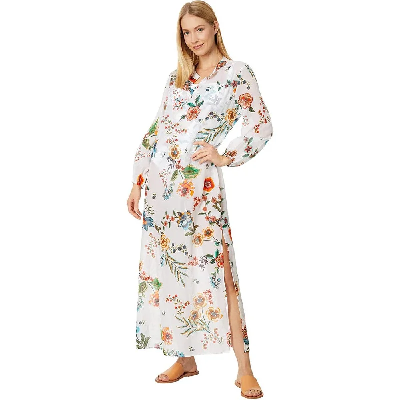 Fashion-Forward Johnny Was Women's Puff Sleeve Maxi Dress Multi White Floral Print Feminine Flow