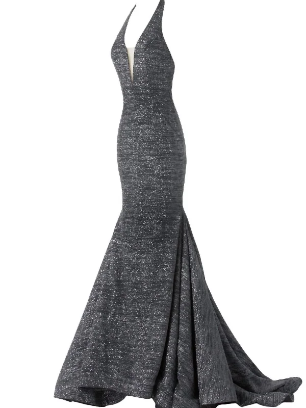 Classic Elegance Sales Plunging Halter Neck Formal Gown In Grey Seasonal Trend