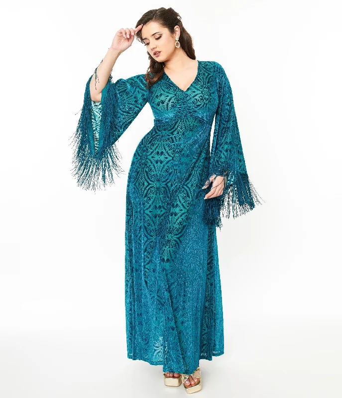 Stylish Savings Smak Parlour 1970s Teal Floral Fringe Sleeve Maxi Dress Save on Classic Elegant Styles