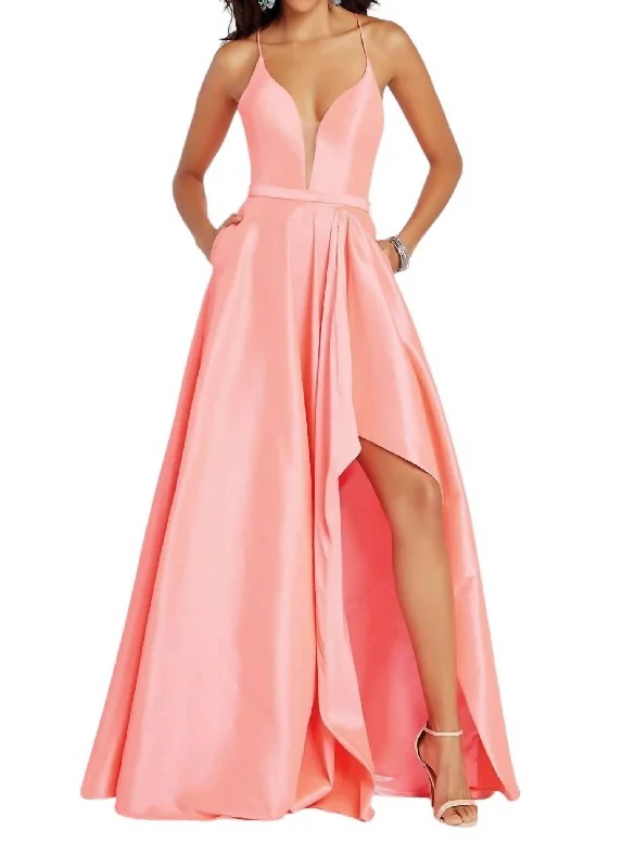 Latest Fashion Plunging Neck Strappy Back High-Low Taffeta Gown In Coral Classic Timeless Elegant Style