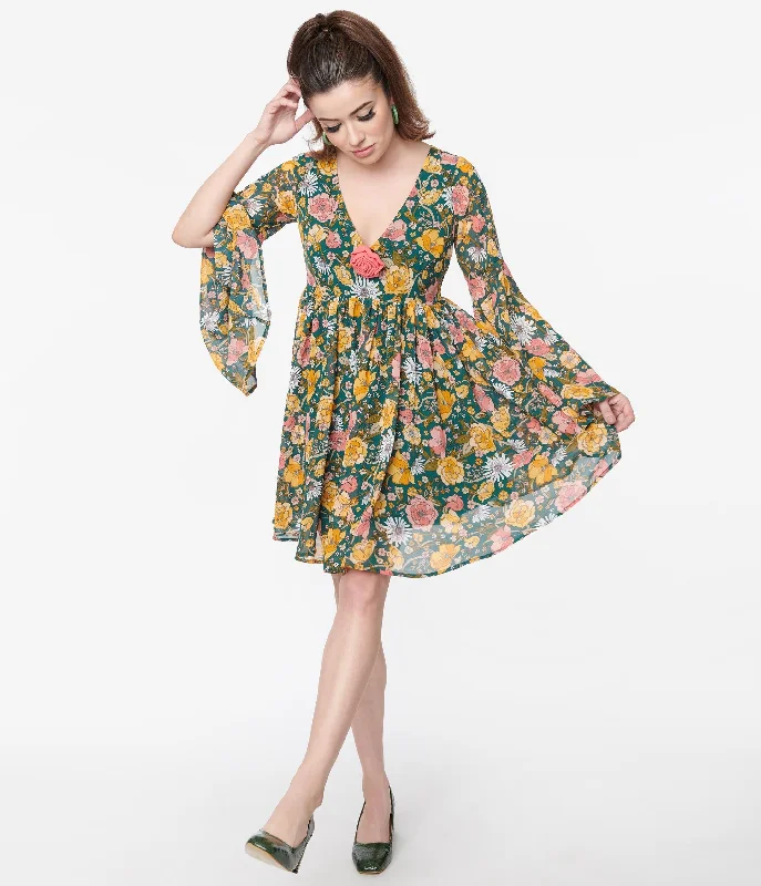 Flash Sale Starts Unique Vintage Hunter Green Floral Empire Waist Dress Charming Silhouette