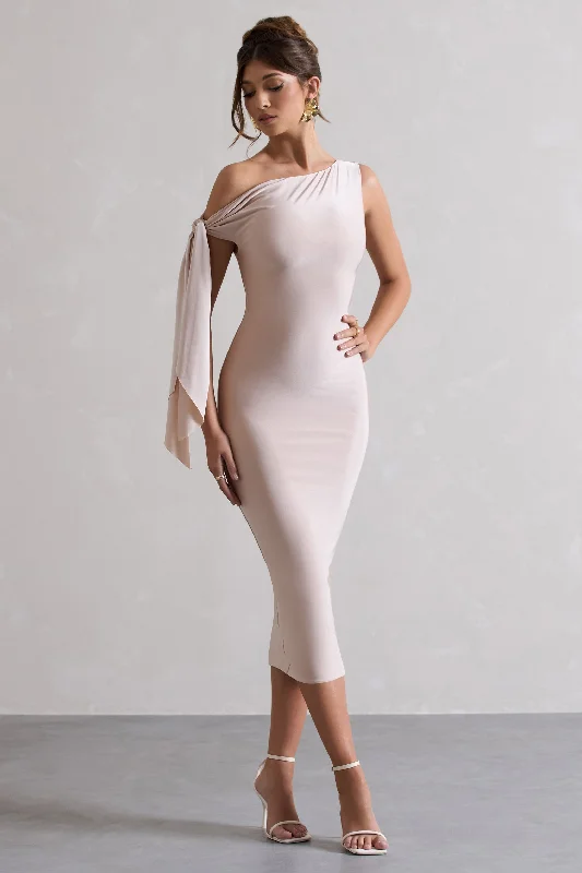 Seasonal Trends Adapt | Champagne Asymmetric Midi Dress With Tie Sleeve Parisian Effortless Chic Style