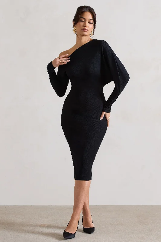 Relaxed Style Thora | Black Rib Knit One-Shoulder Midi Dress Boho Chic