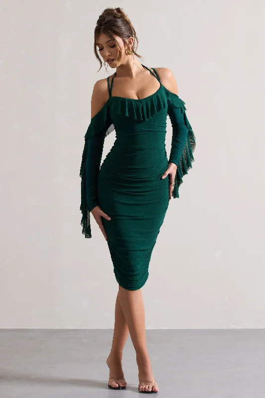 Boutique Styles Quinn | Bottle Green Ruched Strappy Long-Sleeved Midi Dress With Ruffles Save on Classic Elegant Styles