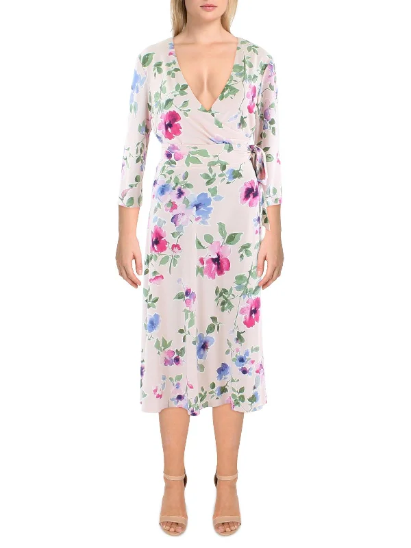 Break Fashion Norms Womens Floral Surplice Midi Dress Vibrant Prints