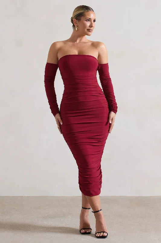 Elegant Style Anissa | Berry Ruched Bardot Midi Dress Lightweight Fabric