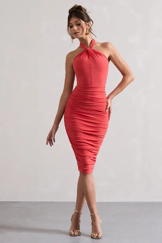 Exclusive Sale Serendipity | Coral Halter Neck Knot Midi Dress Art Deco Geometric Pattern Look