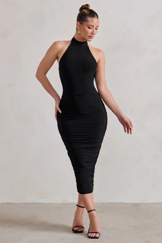 Catch Every Fashion Trend Chrissy | Black Halterneck Ruched Midi Dress Elegant Details