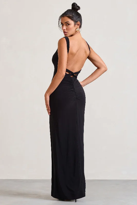 Seasonal Clearance Elle | Black Square-Neck Open-Back Split Maxi Dress Soft Textures