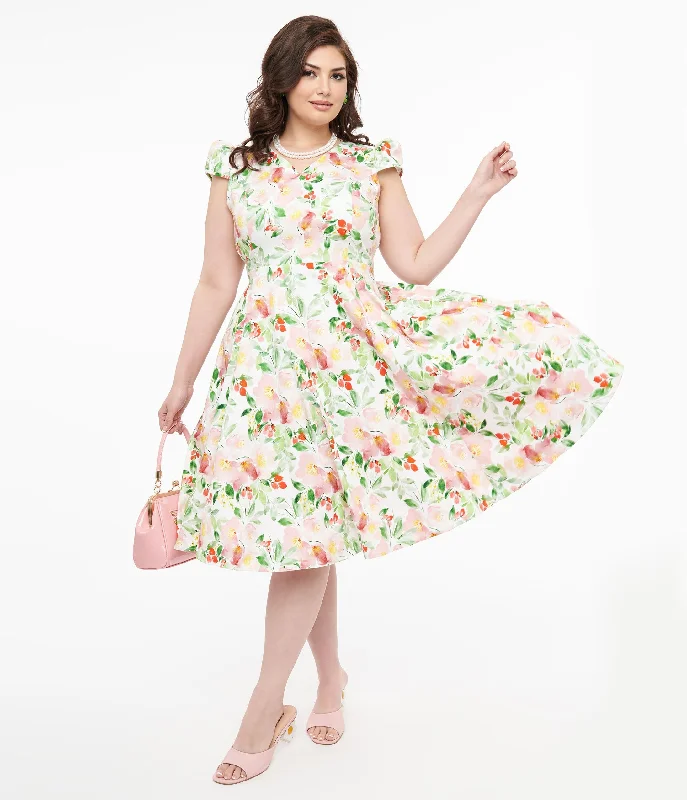 Premium Style 1950s Pink & Green Floral Cotton Larisa Swing Dress Minimalist Elegant