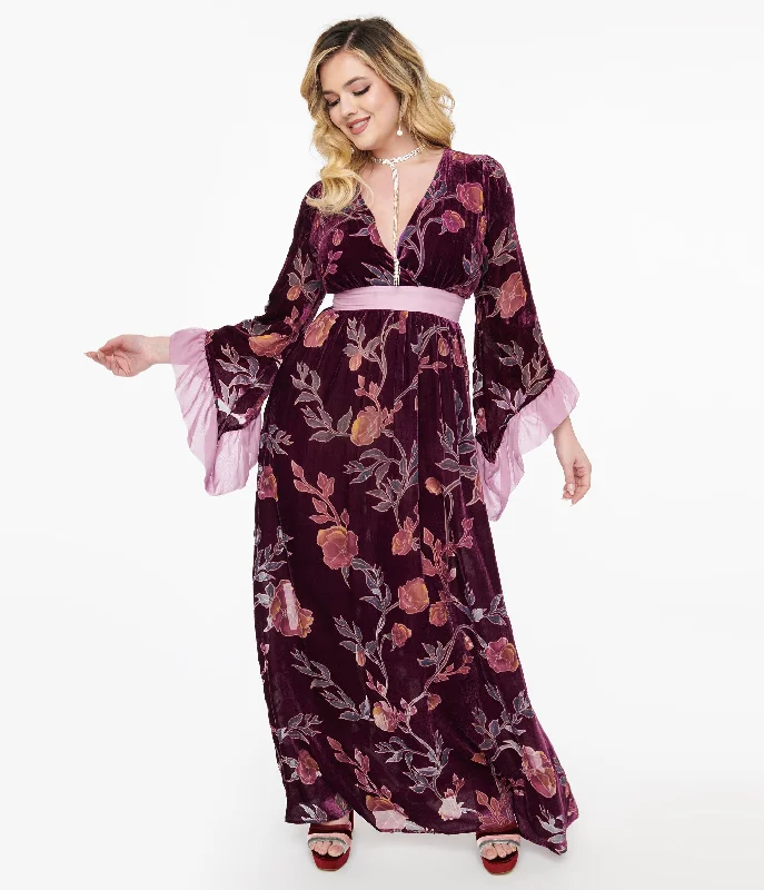 Athleisure Style Sale Unique Vintage 1970s Purple Floral Burnout Velvet Maxi Dress Soft Textures