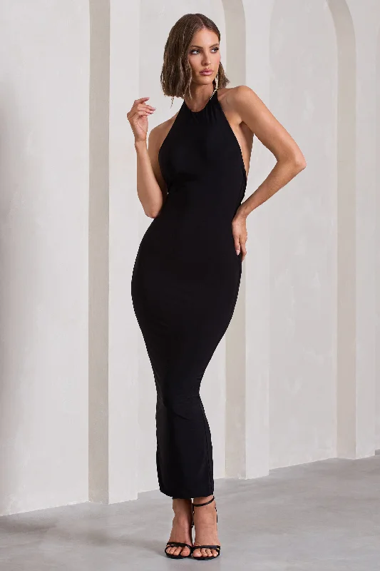 Special Offer Kirsten | Black Sleeveless Halter-Neck Open-Back Maxi Dress Big Savings on Minimalist Office Styles