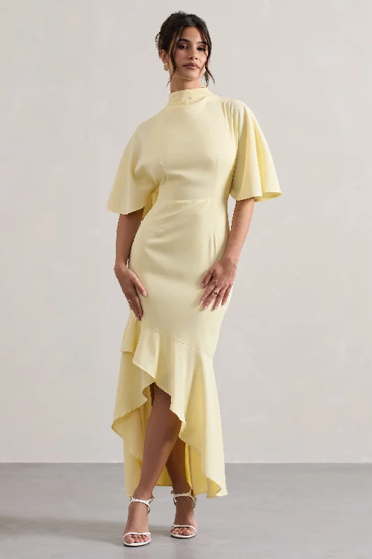 Special Offers, Don't Miss Lavinia | Pastel Yellow High-Neck Flutter-Sleeve Asymmetric Maxi Dress Disco - Inspired Retro Dance Look