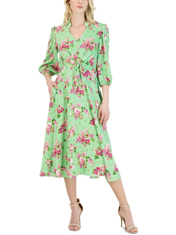 Trendy Women'S Wear Collection Womens Floral Front Tie Midi Dress Graceful Drape