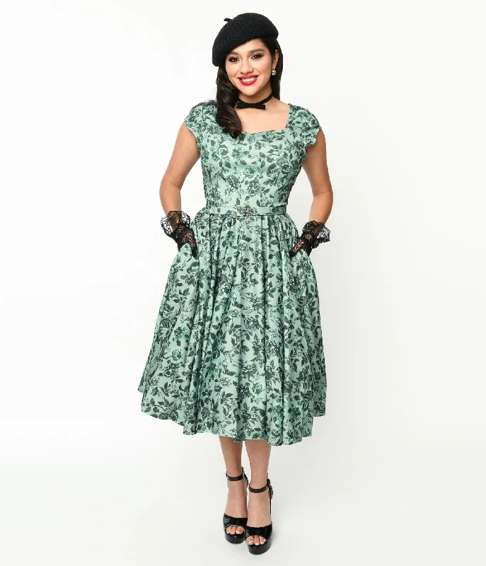 Chic & Modern Sales Sage Green & Green Floral Cosmopolitan Swing Dress Graceful Movement