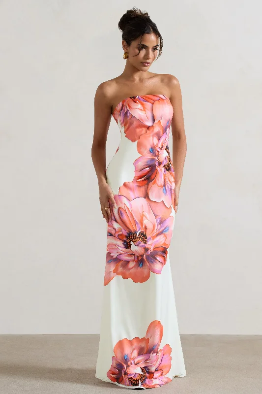 Chic & Cozy Collection Sofiane | Cream & Pink Floral Print Bandeau Maxi Dress Minimalist Elegant