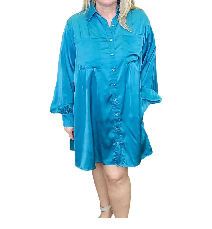 Casual Fashion Electric Touch Satin Button Down Dress In Teal Modern Glamour