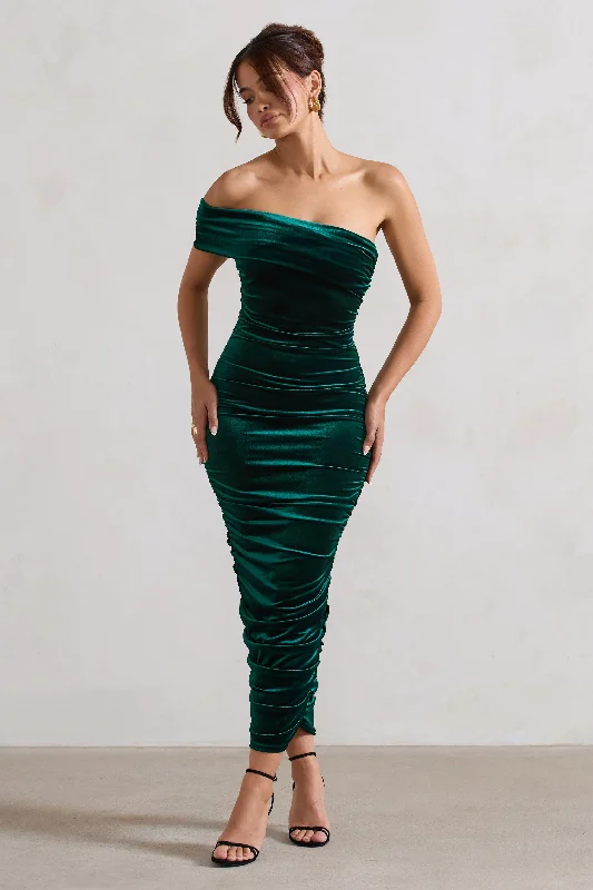 Exclusive Discount Remember Me | Bottle Green Velvet One Shoulder Midi Dress Classic Charm