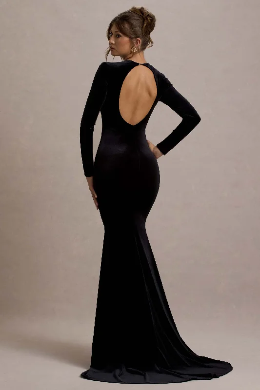 Dive Into Trendy Styles Keaton | Black Velvet Long-Sleeve Open-Back Maxi Dress Fashion-Forward Style